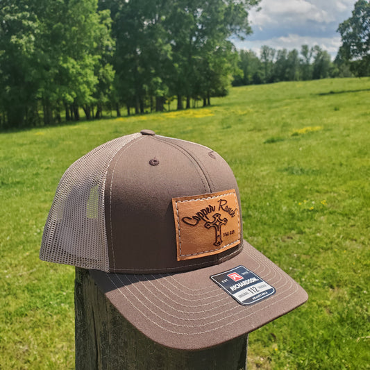 Copper Ranch (Cursive) Over Cross Rectangle Leather Patch Hat