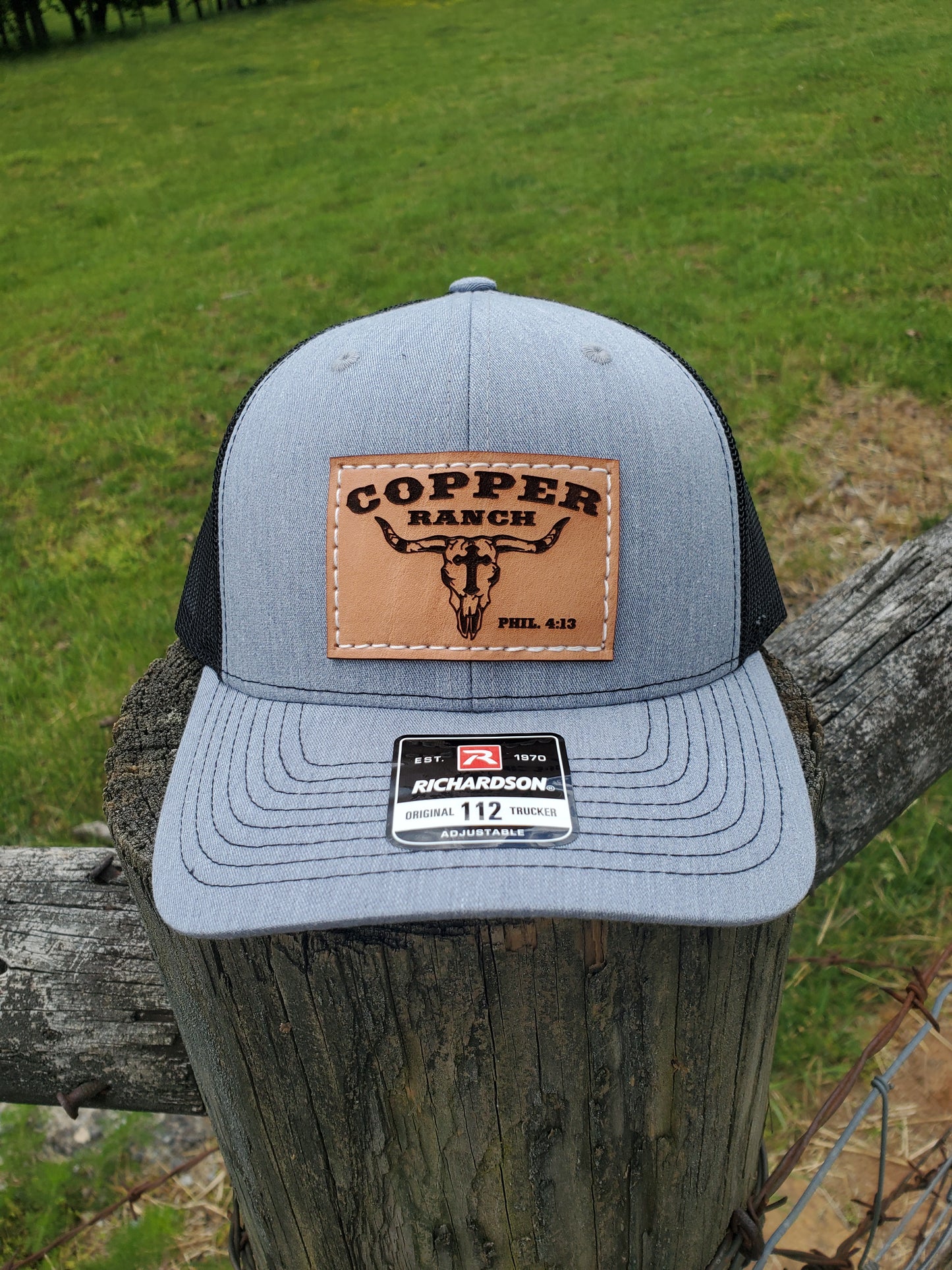 Copper Ranch Skull w/Cross Rectangle Leather Patch Hat