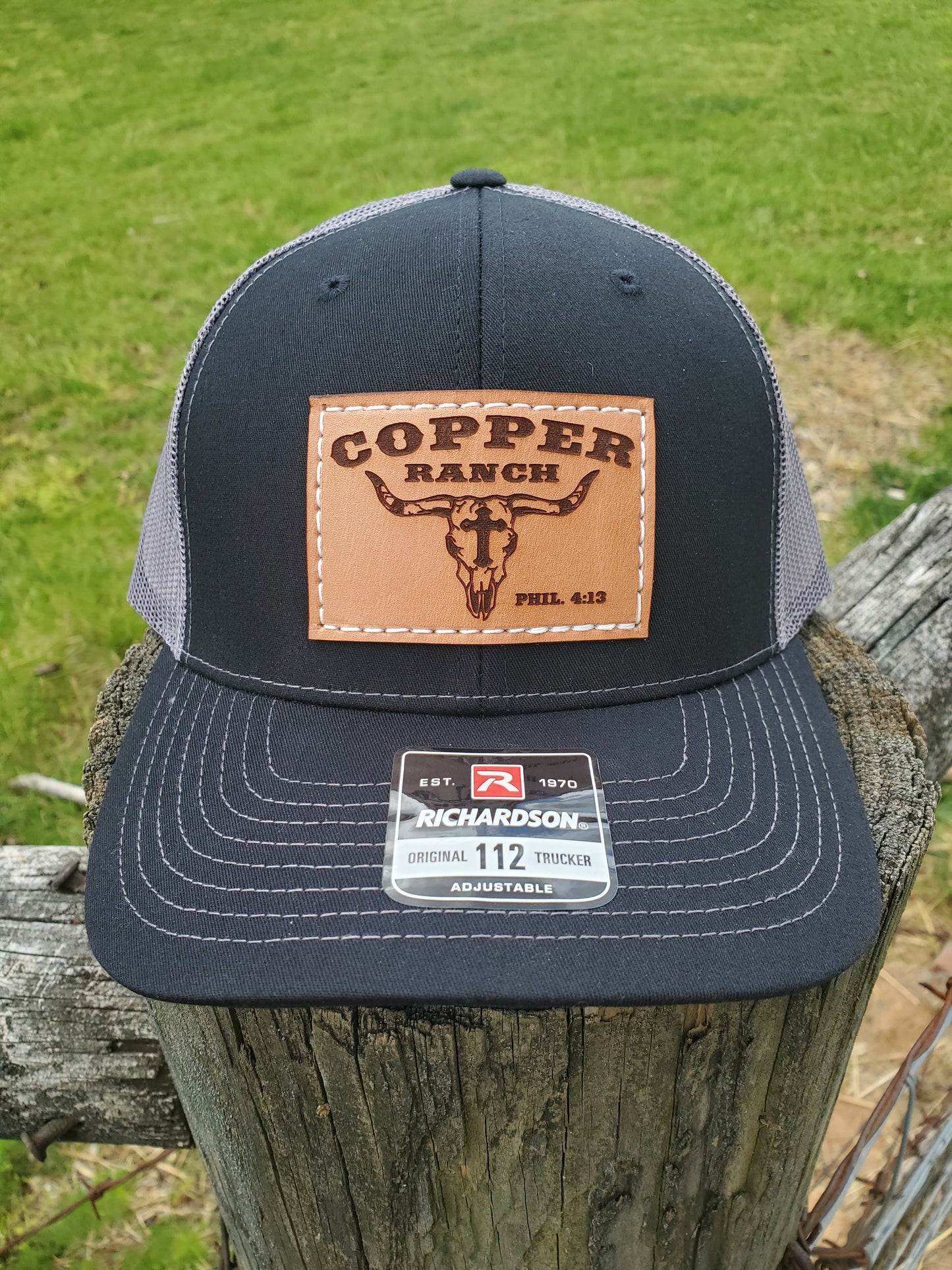 Copper Ranch Skull w/Cross Rectangle Leather Patch Hat