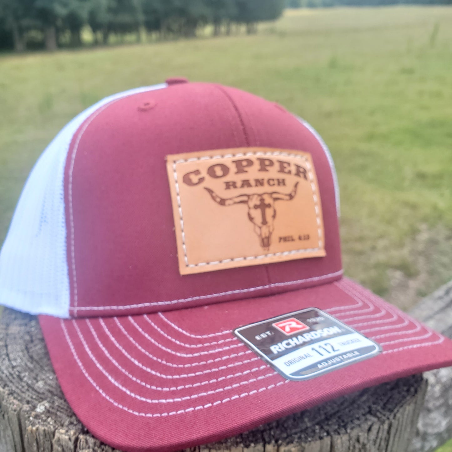 Copper Ranch Skull w/Cross Rectangle Leather Patch Hat