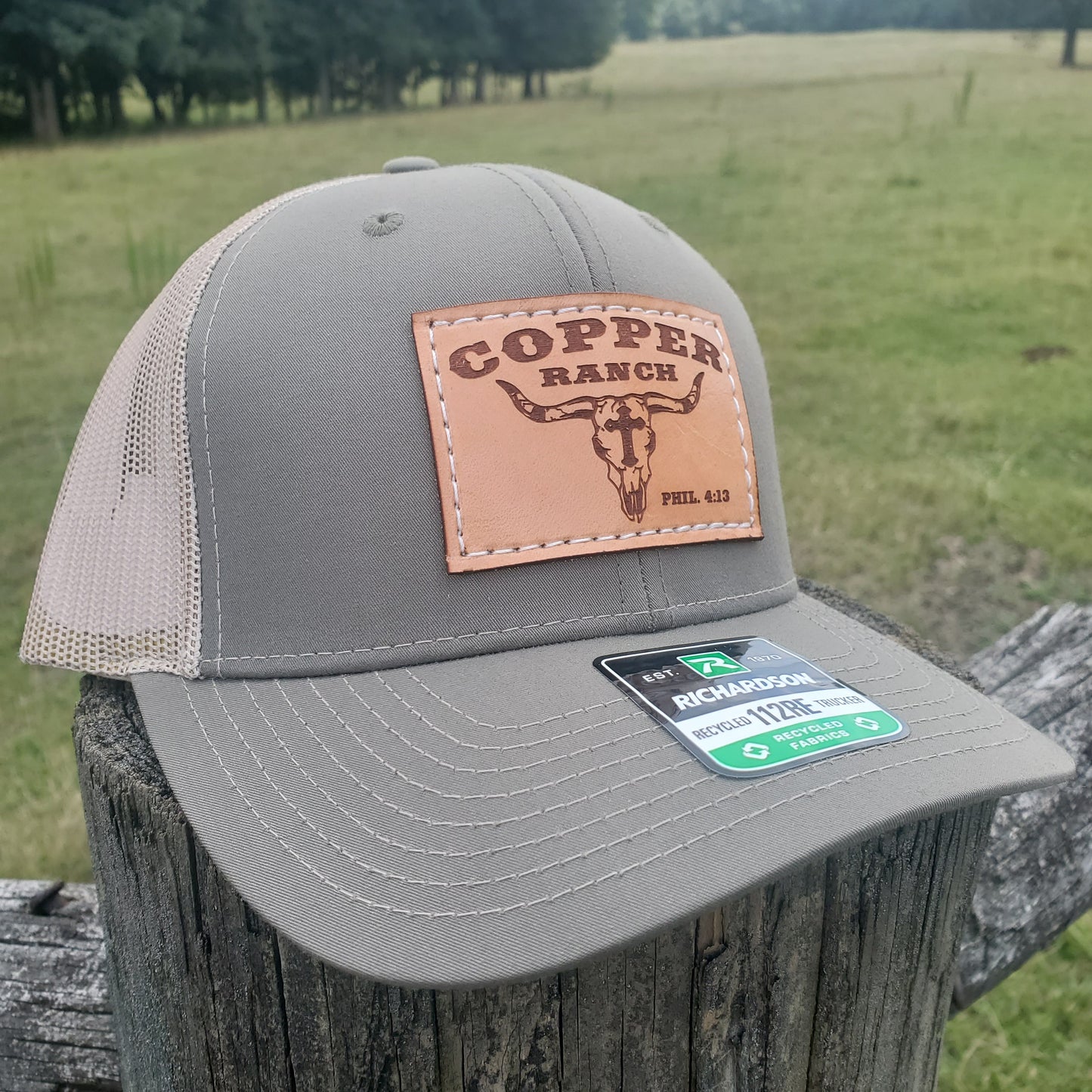 Copper Ranch Skull w/Cross Rectangle Leather Patch Hat