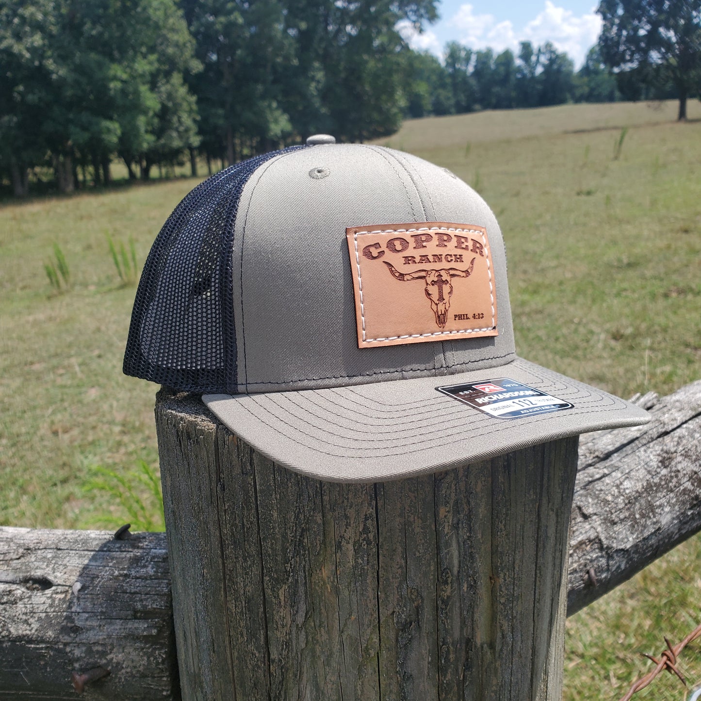 Copper Ranch Skull w/Cross Rectangle Leather Patch Hat